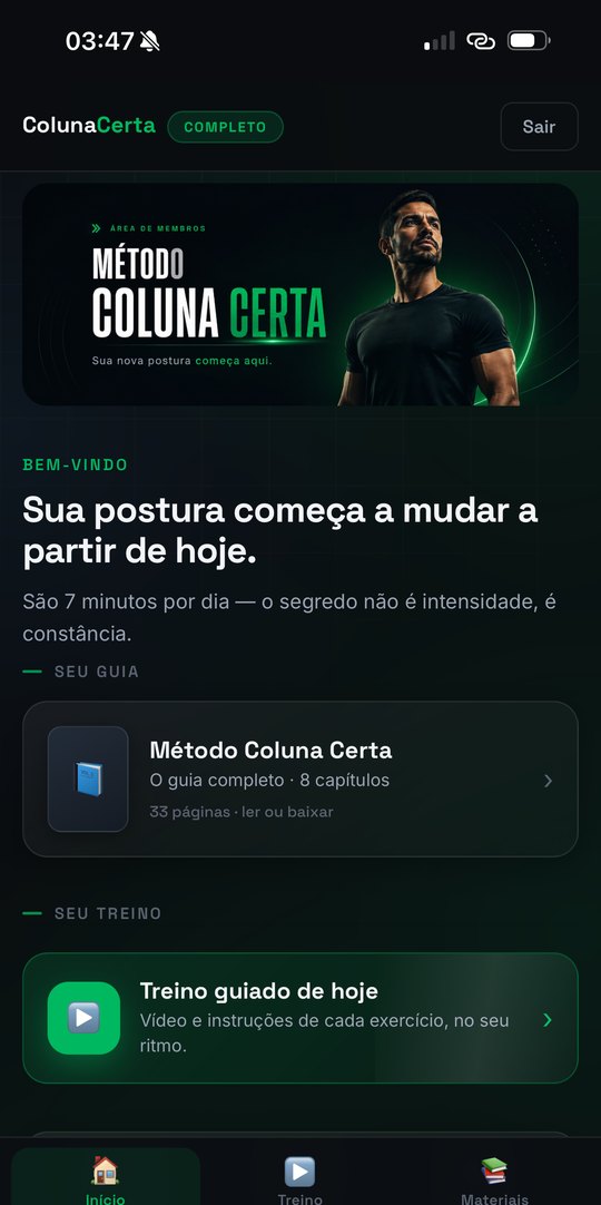 Tela inicial da área de membros, com o guia e o treino do dia